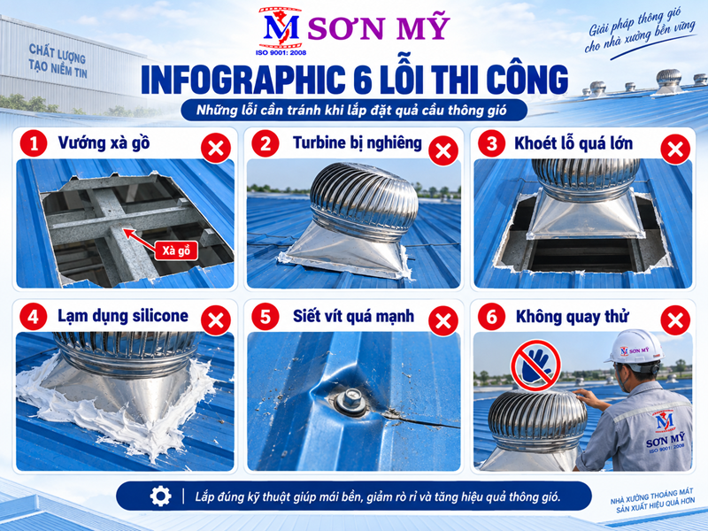 6 lỗi thi công lắp đặt quả cầu thông gió cần tránh