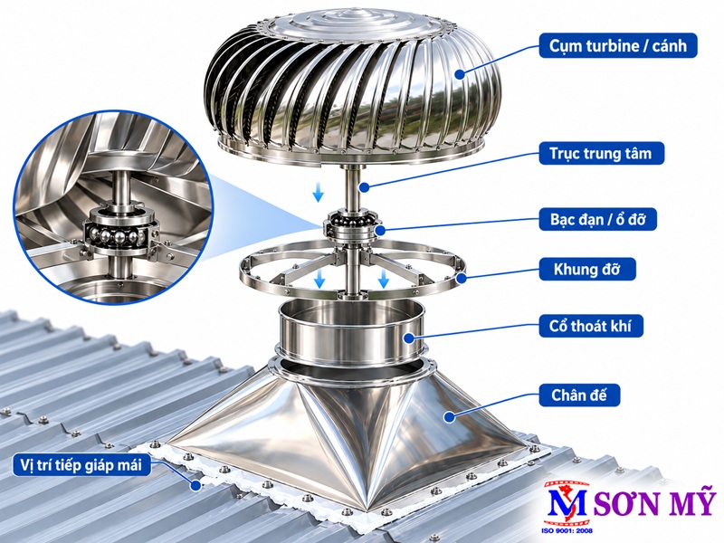 Cấu tạo quả cầu thông gió gồm turbine trục bạc đạn cổ và chân đế