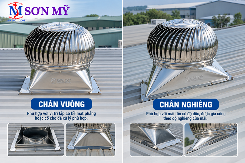 Quả cầu thông gió chân vuông và chân nghiêng dùng cho mái tôn