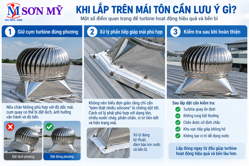 Thi công lắp đặt quả cầu thông gió trên mái tôn