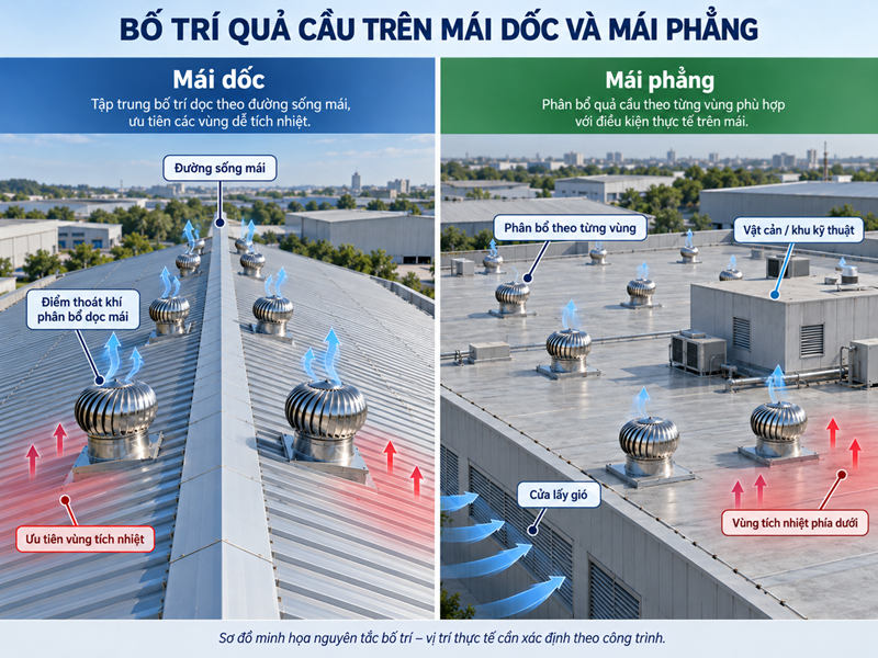Cách bố trí quả cầu thông gió trên mái dốc và mái phẳng