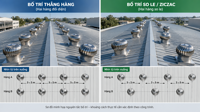 So sánh bố trí quả cầu thông gió thẳng hàng và so le ziczac