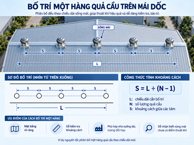 Sơ đồ bố trí quả cầu thông gió một hàng dọc sống mái