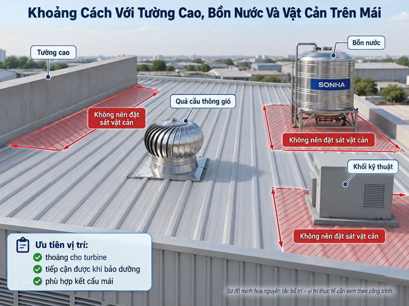 Vị trí lắp quả cầu thông gió tránh vật cản trên mái