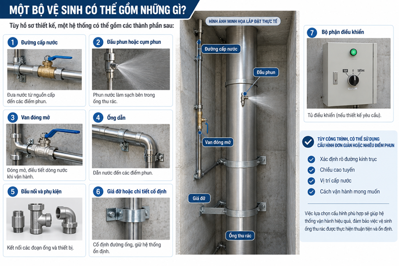 Bộ vệ sinh ống thu rác lắp trong hệ thống trục inox
