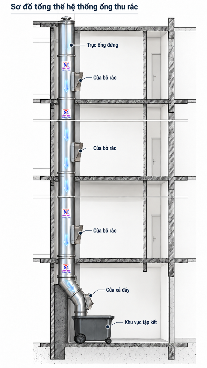 Cấu tạo hệ thống ống thu rác inox chung cư
