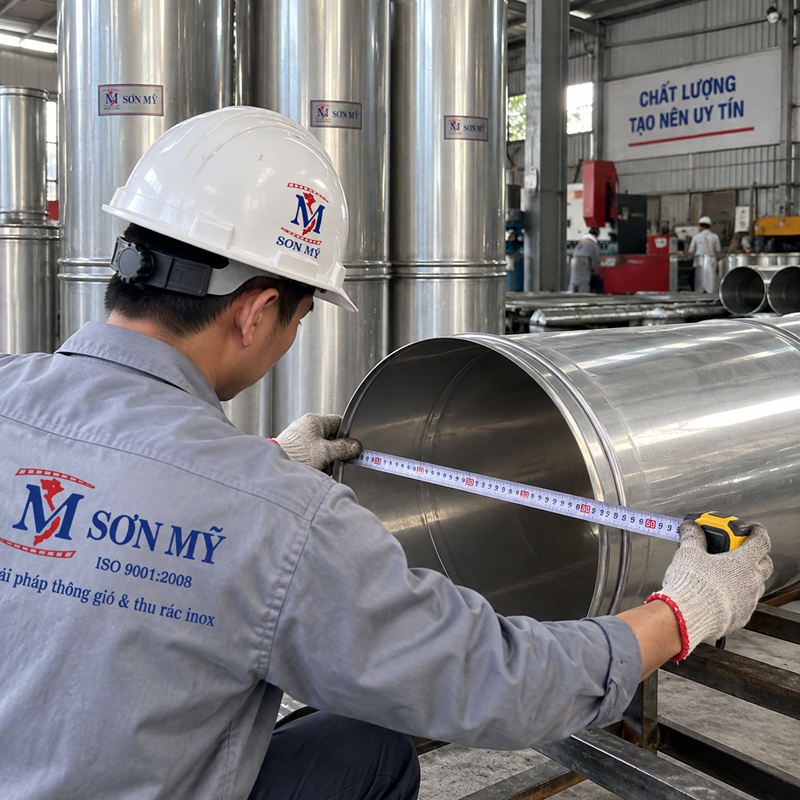 Kiểm tra kích thước ống thu rác inox trước khi xuất xưởng