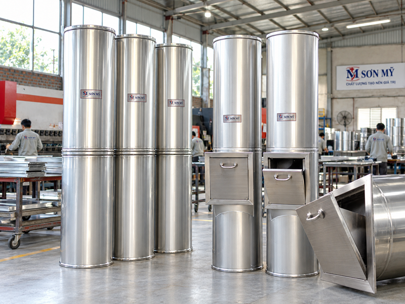 Ống thu rác inox gia công theo bản vẽ tại xưởng Sơn Mỹ